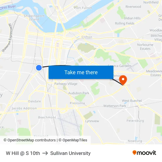 W Hill @ S 10th to Sullivan University map