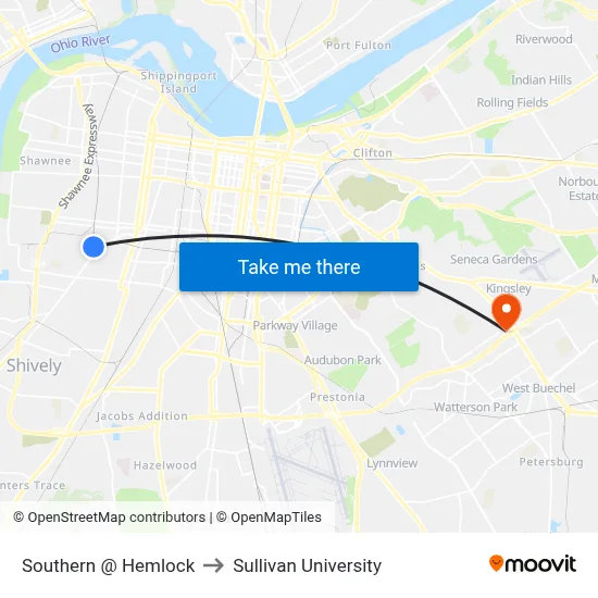 Southern @  Hemlock to Sullivan University map