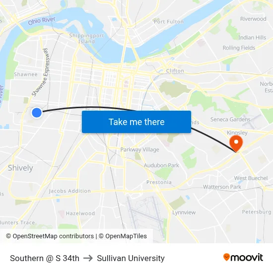 Southern @ S 34th to Sullivan University map