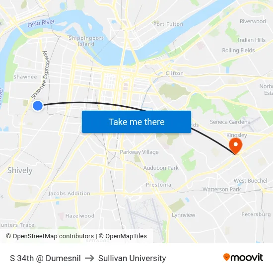 S 34th @ Dumesnil to Sullivan University map