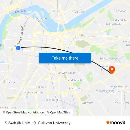 S 34th @ Hale to Sullivan University map