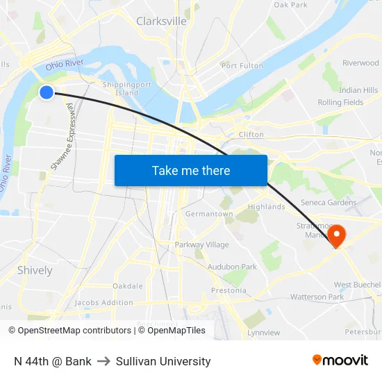 N 44th @ Bank to Sullivan University map