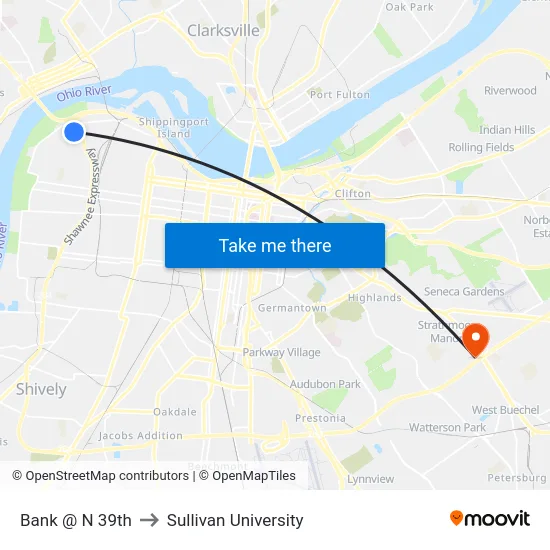 Bank @ N 39th to Sullivan University map