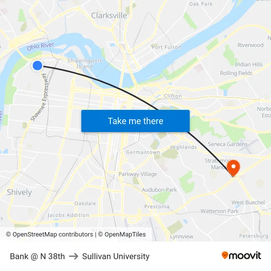 Bank @ N 38th to Sullivan University map