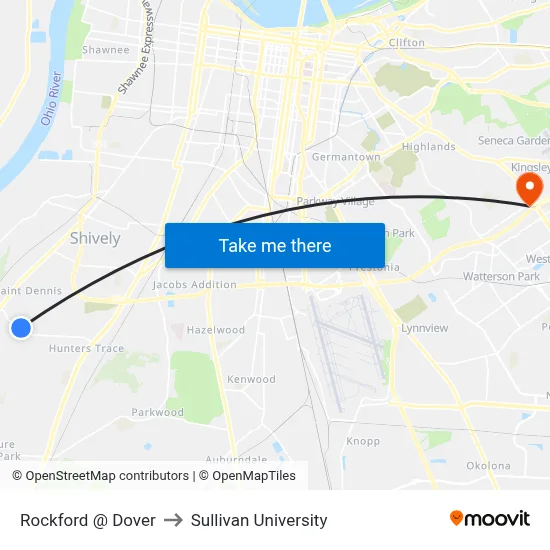 Rockford @ Dover to Sullivan University map