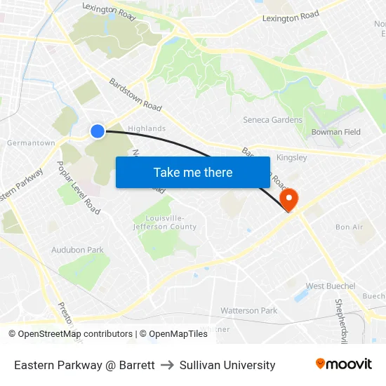Eastern Parkway @ Barrett to Sullivan University map
