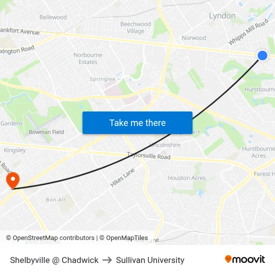 Shelbyville @ Chadwick to Sullivan University map
