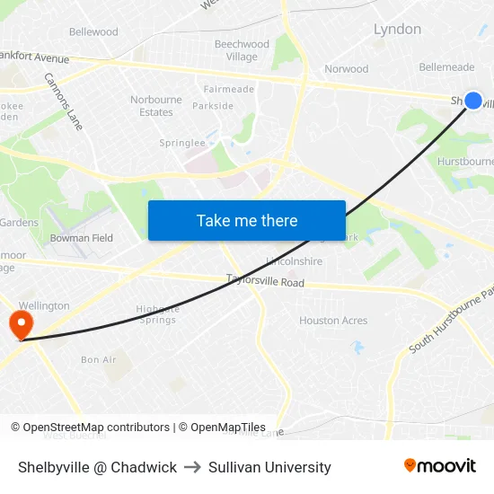 Shelbyville @ Chadwick to Sullivan University map