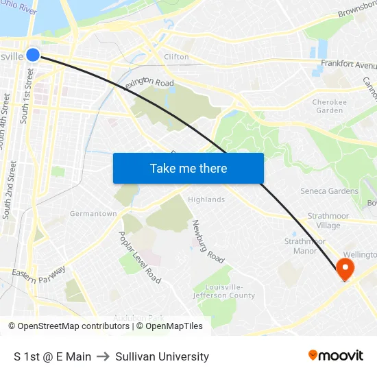 S 1st @ E Main to Sullivan University map