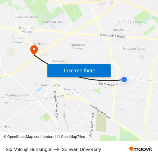 Six Mile @ Hunsinger to Sullivan University map