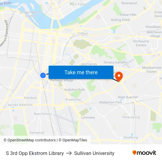 S 3rd Opp Ekstrom Library to Sullivan University map