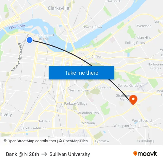 Bank @ N 28th to Sullivan University map