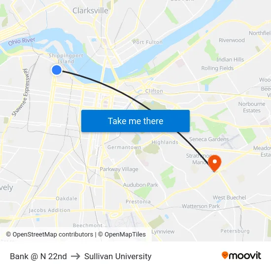 Bank @ N 22nd to Sullivan University map
