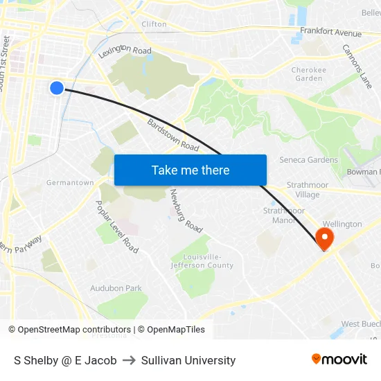 S Shelby @ E Jacob to Sullivan University map