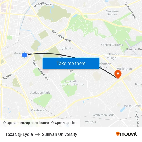 Texas @ Lydia to Sullivan University map