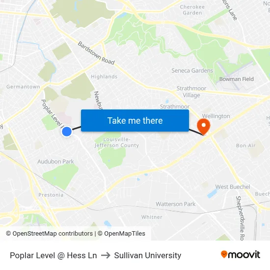 Poplar Level @ Hess Ln to Sullivan University map