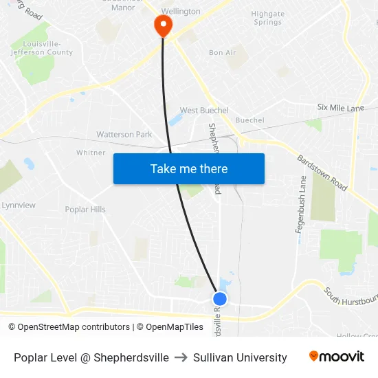 Poplar Level @ Shepherdsville to Sullivan University map