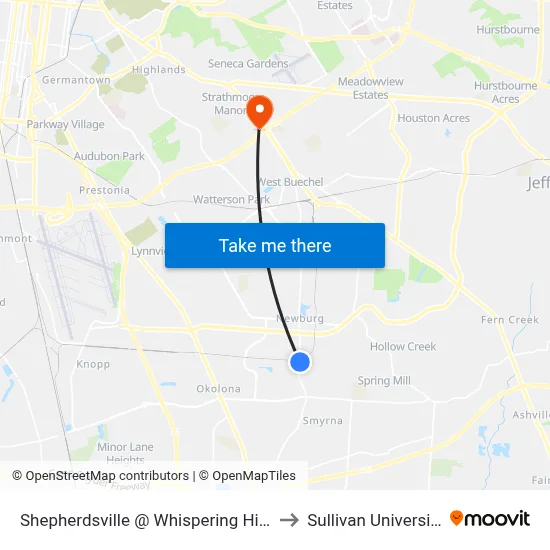 Shepherdsville @ Whispering Hills to Sullivan University map