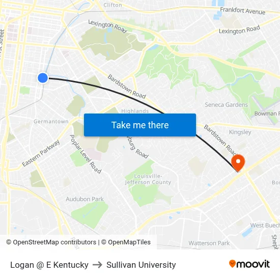 Logan @ E Kentucky to Sullivan University map