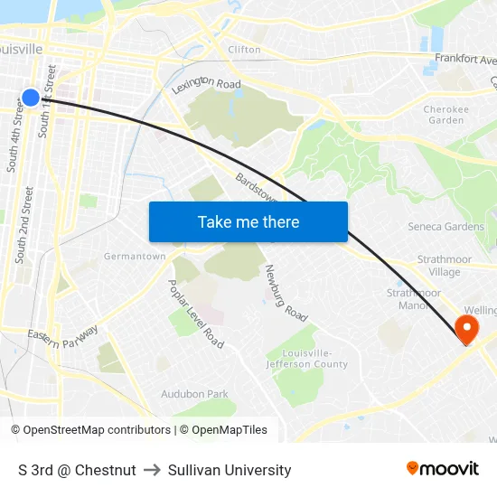 S 3rd @ Chestnut to Sullivan University map