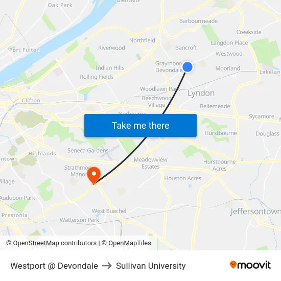 Westport @ Devondale to Sullivan University map