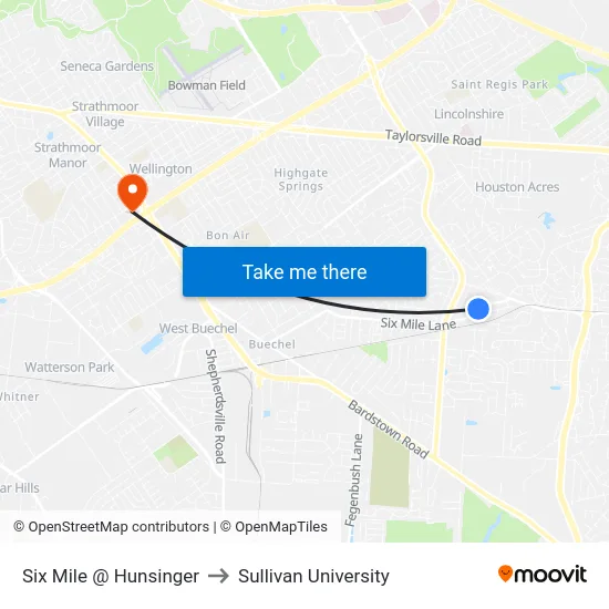 Six Mile @ Hunsinger to Sullivan University map