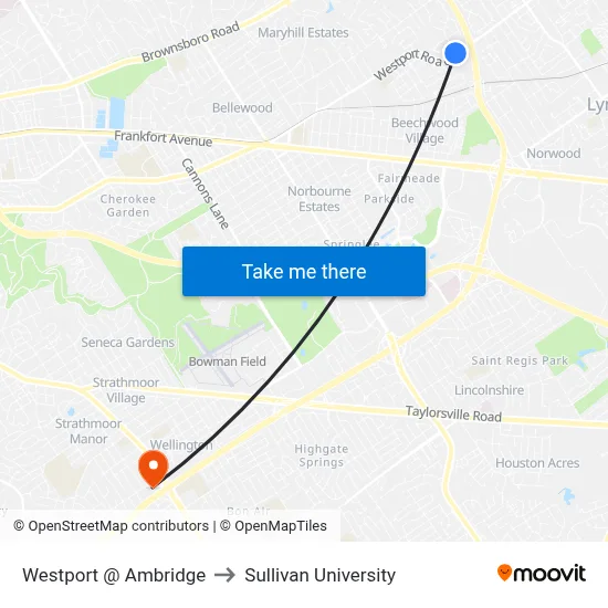 Westport @ Ambridge to Sullivan University map
