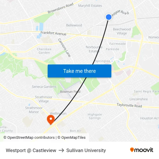 Westport @ Castleview to Sullivan University map
