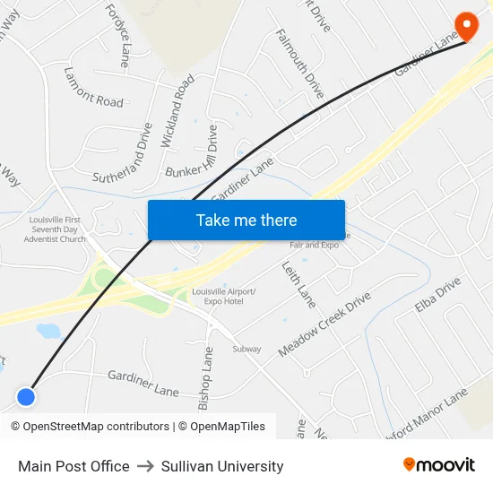 Main Post Office to Sullivan University map