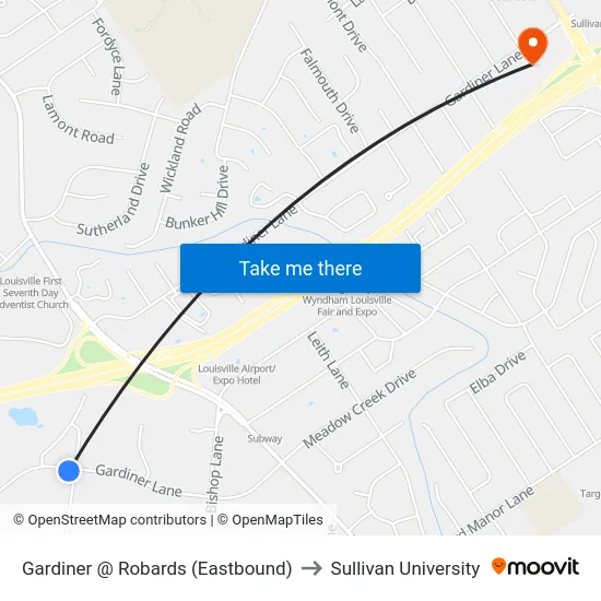 Gardiner @ Robards (Eastbound) to Sullivan University map