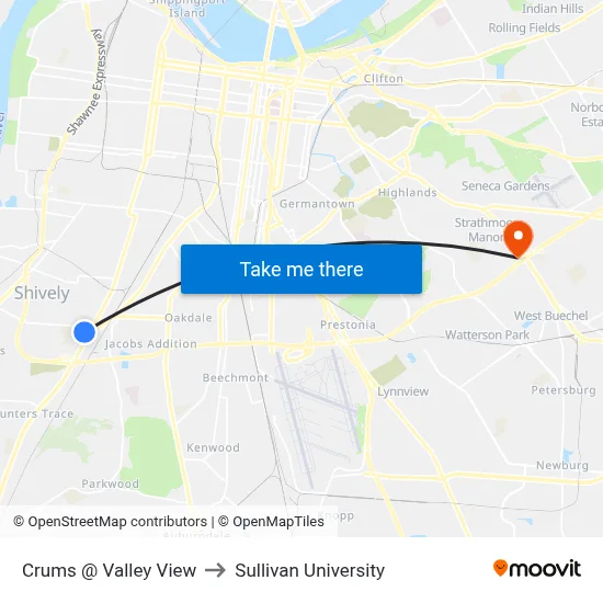 Crums @ Valley View to Sullivan University map