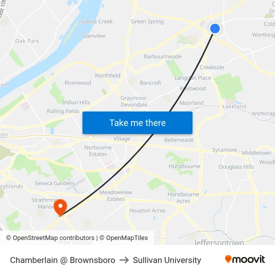 Chamberlain @ Brownsboro to Sullivan University map