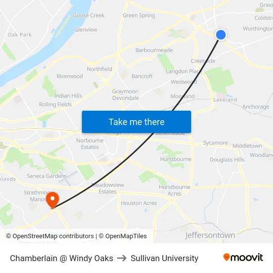 Chamberlain @ Windy Oaks to Sullivan University map
