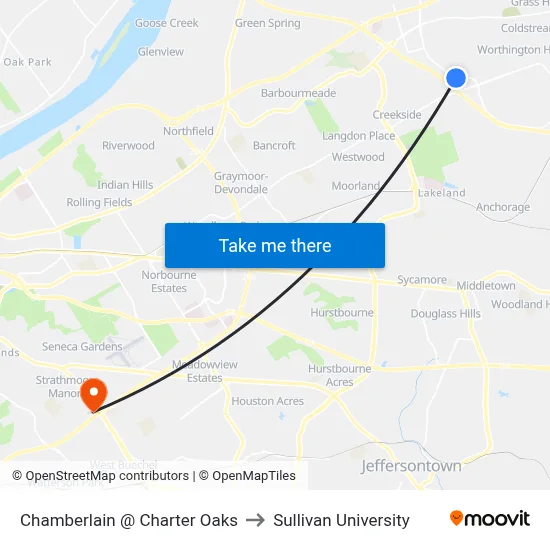 Chamberlain @ Charter Oaks to Sullivan University map