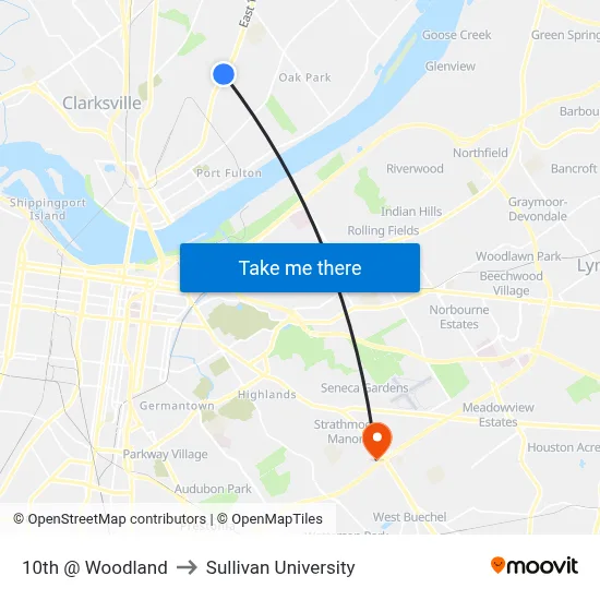 10th @ Woodland to Sullivan University map