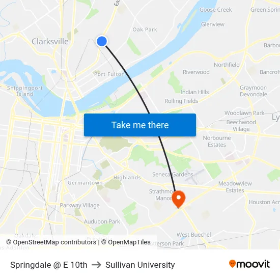 Springdale @ E 10th to Sullivan University map