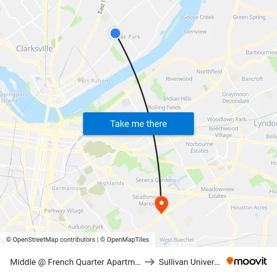Middle @ French Quarter Apartments to Sullivan University map