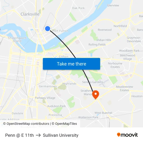 Penn @ E 11th to Sullivan University map