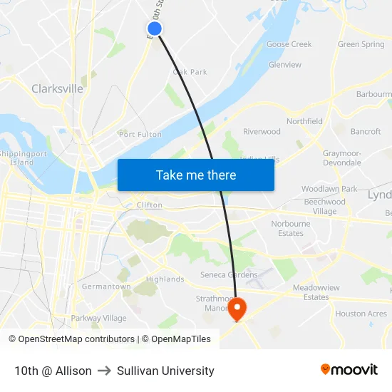 10th @ Allison to Sullivan University map