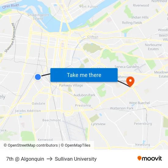 7th @ Algonquin to Sullivan University map