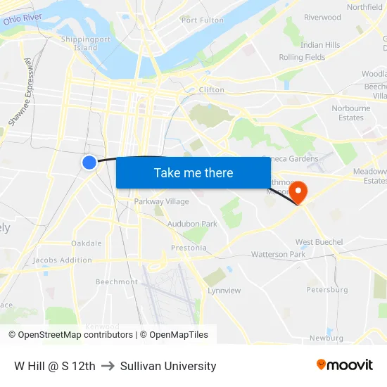 W Hill @ S 12th to Sullivan University map