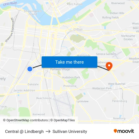 Central @ Lindbergh to Sullivan University map