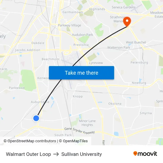 Walmart Outer Loop to Sullivan University map
