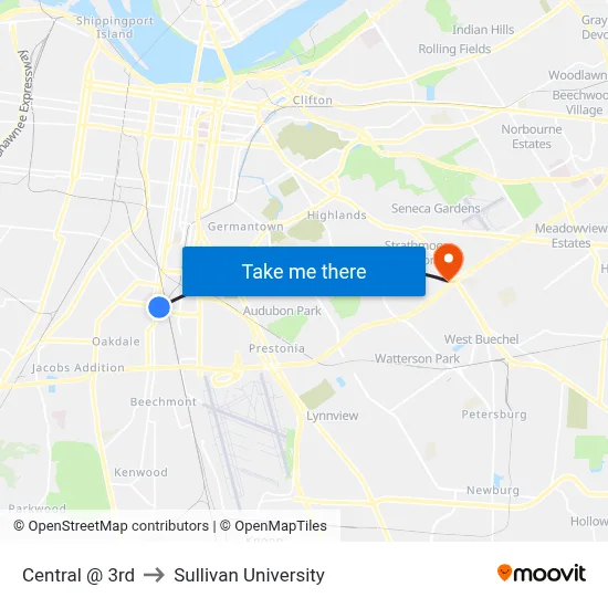 Central @ 3rd to Sullivan University map