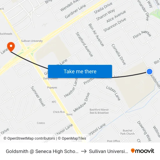 Goldsmith @ Seneca High School to Sullivan University map