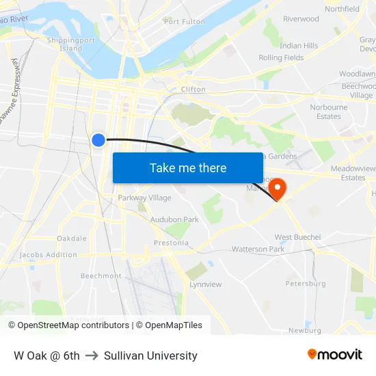 W Oak @ 6th to Sullivan University map