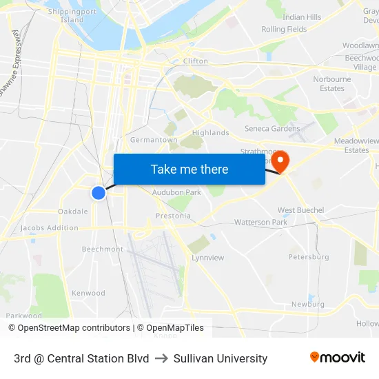 3rd @ Central Station Blvd to Sullivan University map