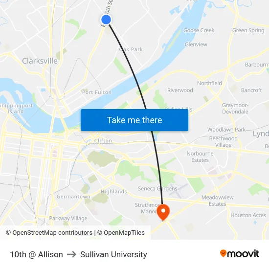 10th @ Allison to Sullivan University map