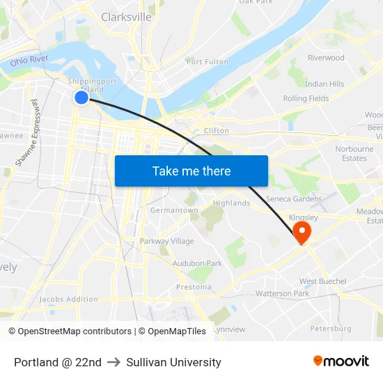 Portland @ 22nd to Sullivan University map