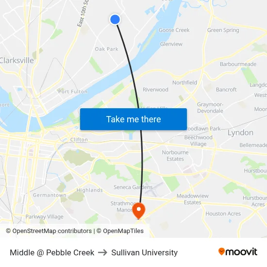 Middle @ Pebble Creek to Sullivan University map